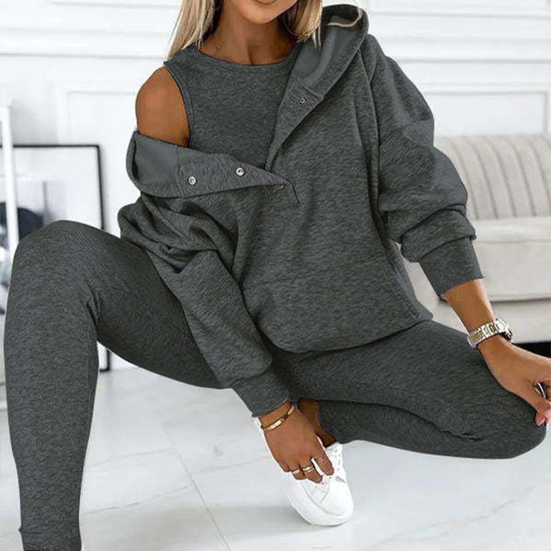 Sportief vrijetijdssweatshirt voor dames met capuchon + slim-fit vest + broek, set van 3