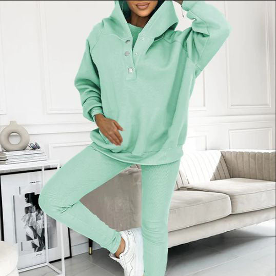 Sportief vrijetijdssweatshirt voor dames met capuchon + slim-fit vest + broek, set van 3