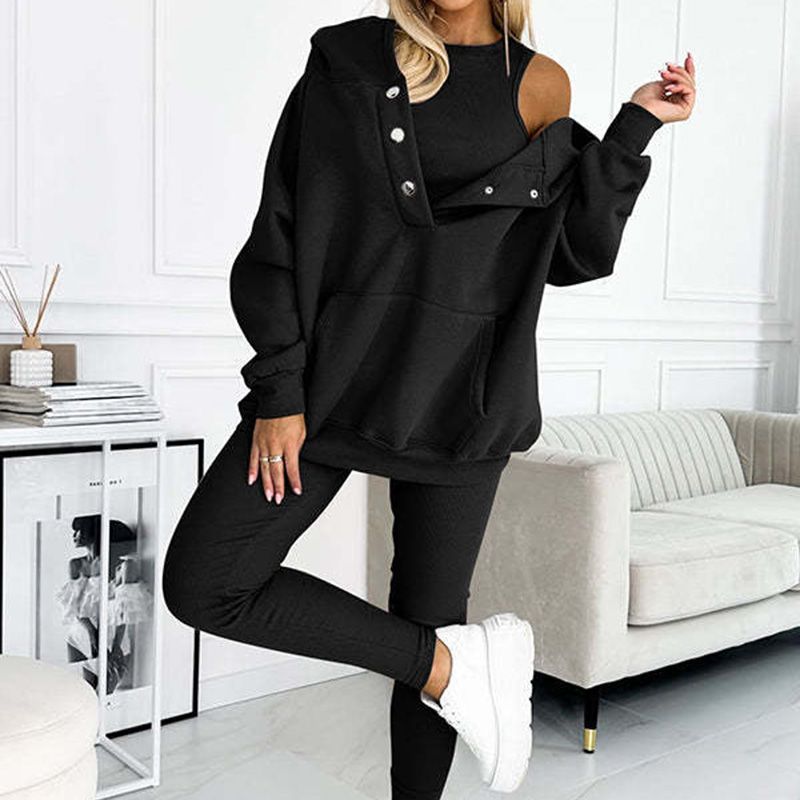 Sportief vrijetijdssweatshirt voor dames met capuchon + slim-fit vest + broek, set van 3