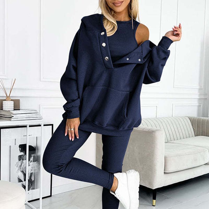 Sportief vrijetijdssweatshirt voor dames met capuchon + slim-fit vest + broek, set van 3