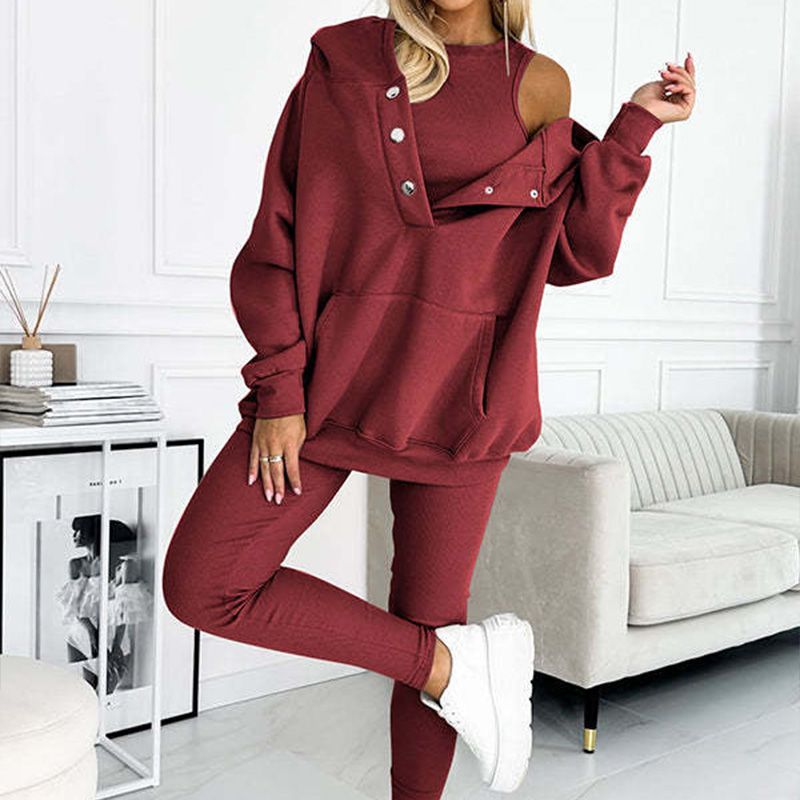Sportief vrijetijdssweatshirt voor dames met capuchon + slim-fit vest + broek, set van 3